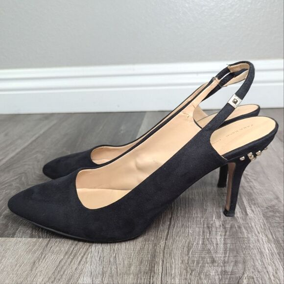 Zara Basics Black pointed toe gold studded slingback heels womens 41 EU 10 US - Picture 3 of 9